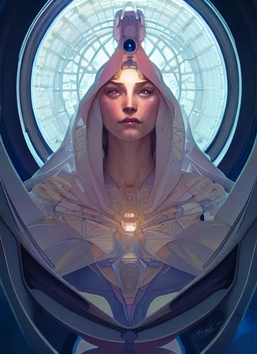 Image similar to symmetry, girl in a spaceship intricate, elegant, highly detailed, digital painting, artstation, concept art, smooth, sharp focus, illustration, art by artgerm and greg rutkowski and alphonse mucha