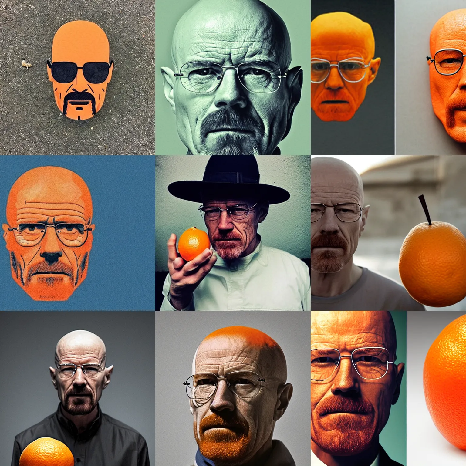 Prompt: an orange that looks like walter white