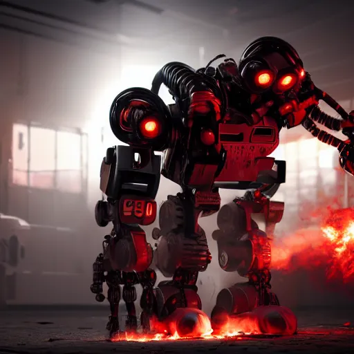 Image similar to post - apocalyptic, a very strong terminator robot with red enerygies, is shaking hands with a small alien creature that has multiple eyes. smoke. volumetric lighting, sharp focus, ultra detailed, cgsociety