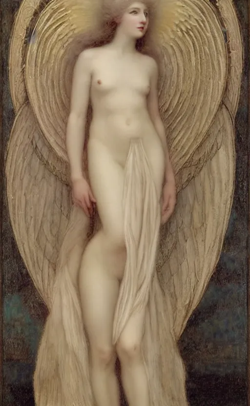 Image similar to Say who is this with silver hair so pale and Wan! and thin? beautiful lone single feminine!! angel, Venus Aphrodite, in the style of Jean Delville, Lucien Lévy-Dhurmer, Fernand Keller, Fernand Khnopff, oil on canvas, 1896, 4K resolution, aesthetic, mystery