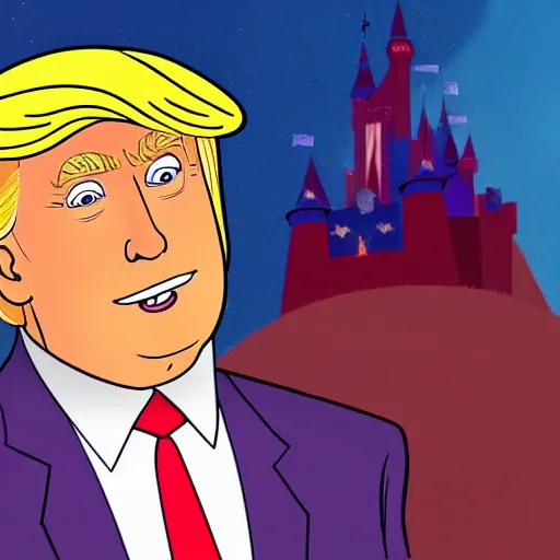 Image similar to A portrait of Donald Trump as a Disney princess, in the style of a Disney cartoon