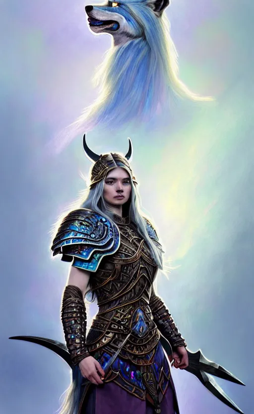 Image similar to iridescent opal viking warrior, wolf armor, winter, morandi color scheme, hd, illustration, epic, d & d, fantasy, intricate, elegant, highly detailed, wide angle, digital painting, artstation, concept art, smooth, sharp focus, illustration, wallpaper, art by artgerm and greg rutkowski and alphonse mucha and jin xiaodi