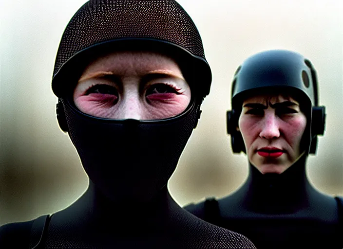 Image similar to cinestill 5 0 d photographic portrait by helen levitt of two loving female androids wearing rugged black mesh techwear in a foggy, extreme closeup, modern cyberpunk, dust storm, 8 k, hd, high resolution, 3 5 mm, f / 3 2, ultra realistic faces, intricate detail, ex machina