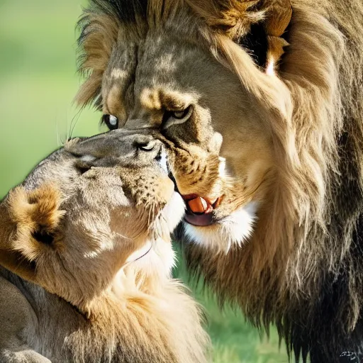 Image similar to a farmed photography of a lion kissing a lion male skull, detailed, 4k, fantasy