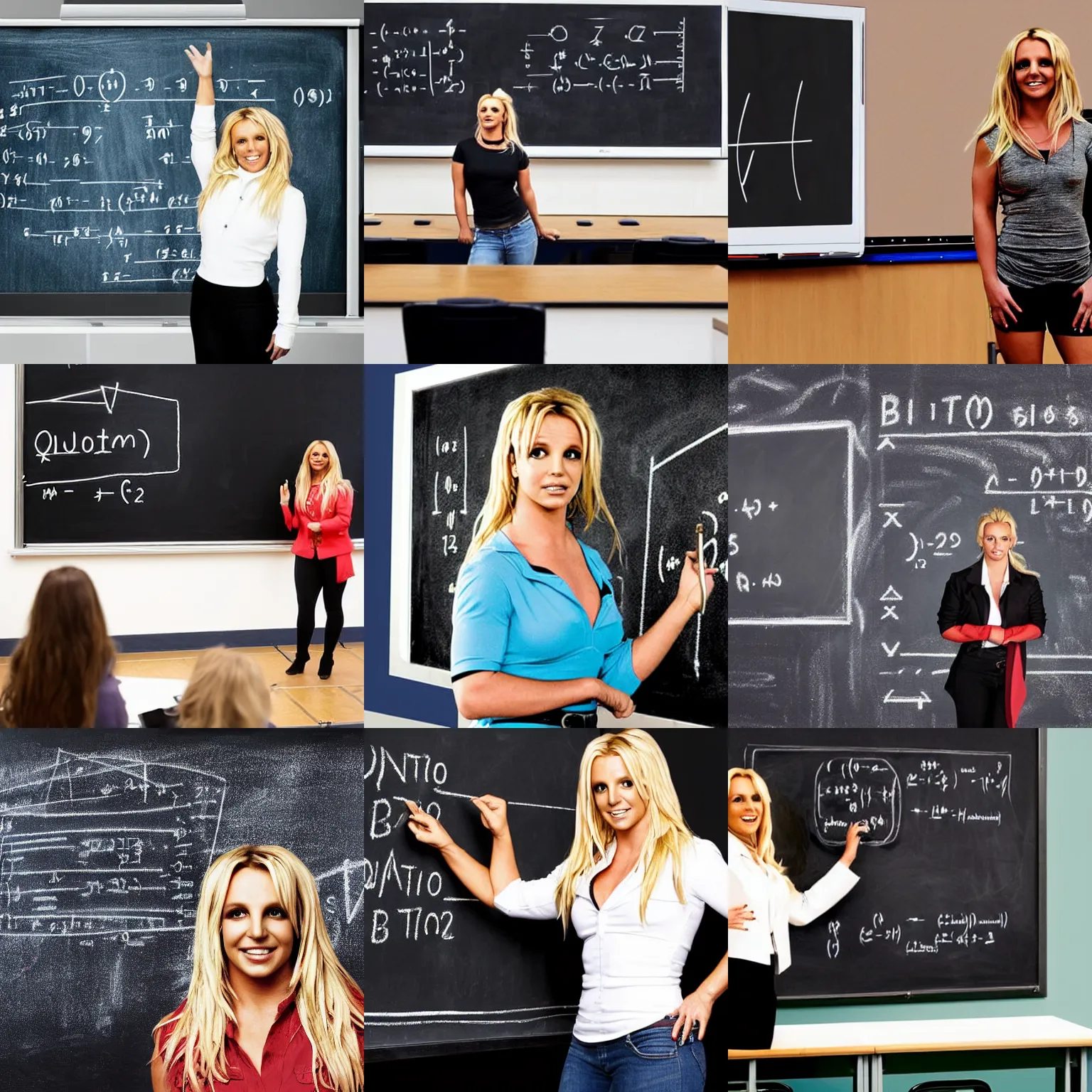 Prompt: britney spears as a teacher standing in front of a blackboard in a lecture hall teaching a class on quantum physics, photograph