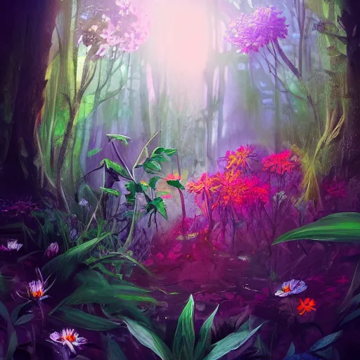 Image similar to hidden flower in dark forest, dense jungle, colorful flower, color palette, painting, mysterious, beautiful, magic the gathering, artstation award