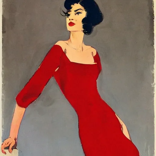 Prompt: a saturday evening post illustration of a french fashion model posing in a red dress by coby whitmore