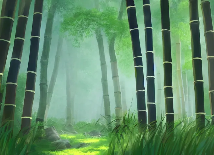 Prompt: deep in a misty japanese bamboo forest, small river, sunny, cartoony, anime style, soft, mid day, realistic lighting, by ghibli studio, arcane, wild rift, trending on artstation, 4 k, hd