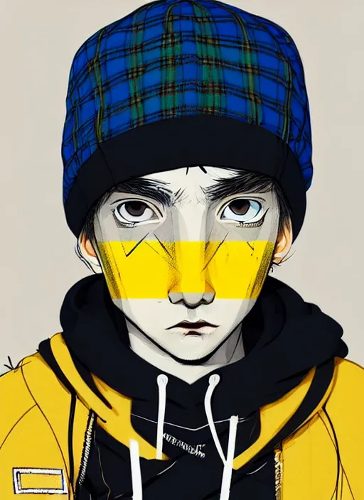 Prompt: highly detailed portrait of basketball boy punk student, blue eyes, tartan hoody, hat, white hair by atey ghailan, by greg tocchini, by kaethe butcher, gradient yellow, black, brown and cyan color scheme, grunge aesthetic!!! ( ( graffiti tag wall flat colour background ) )