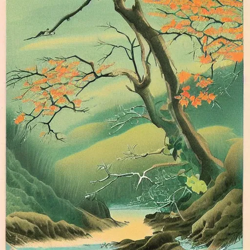 Prompt: beautiful vintage nature painting by isami kondo