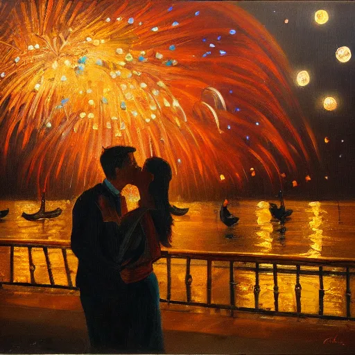 Image similar to an oil painting of couple kissing, in a background fireworks in venice