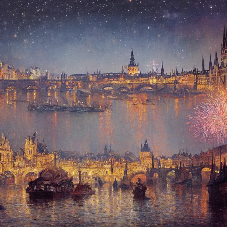 Image similar to a beautiful painting of the view from the river of london or prague during a fireworks festival, at night with a sky full of stars and fireworks, intricate, elegant, highly detailed, digital painting, artstation, concept art, by krenz cushart and artem demura and alphonse mucha