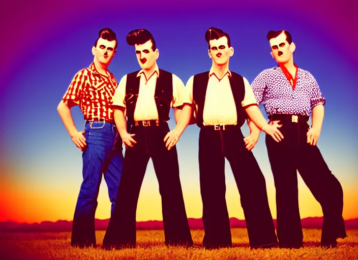 Prompt: rockabilly band 1950s, high detail, golden hour, 8K, by hanna barbera