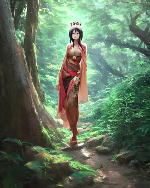 Image similar to an asian tribeswoman woman standing in the woods. By Makoto Shinkai, Stanley Artgerm Lau, WLOP, Rossdraws, James Jean, Andrei Riabovitchev, Marc Simonetti, krenz cushart, Sakimichan, D&D trending on ArtStation, digital art.