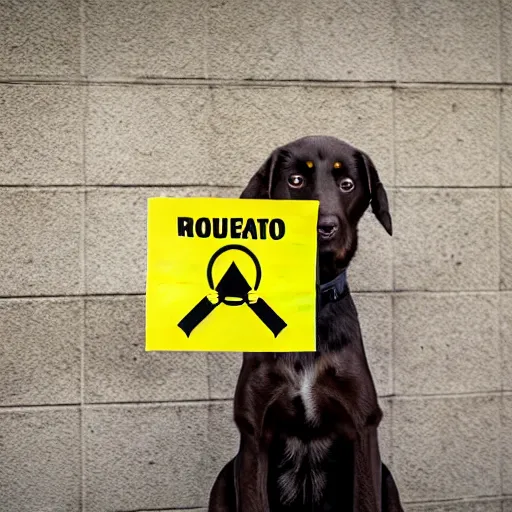 Image similar to professional photo of a dog holding a sign with a nuclear radiation warning on it skull and crossbones yellow three triangles