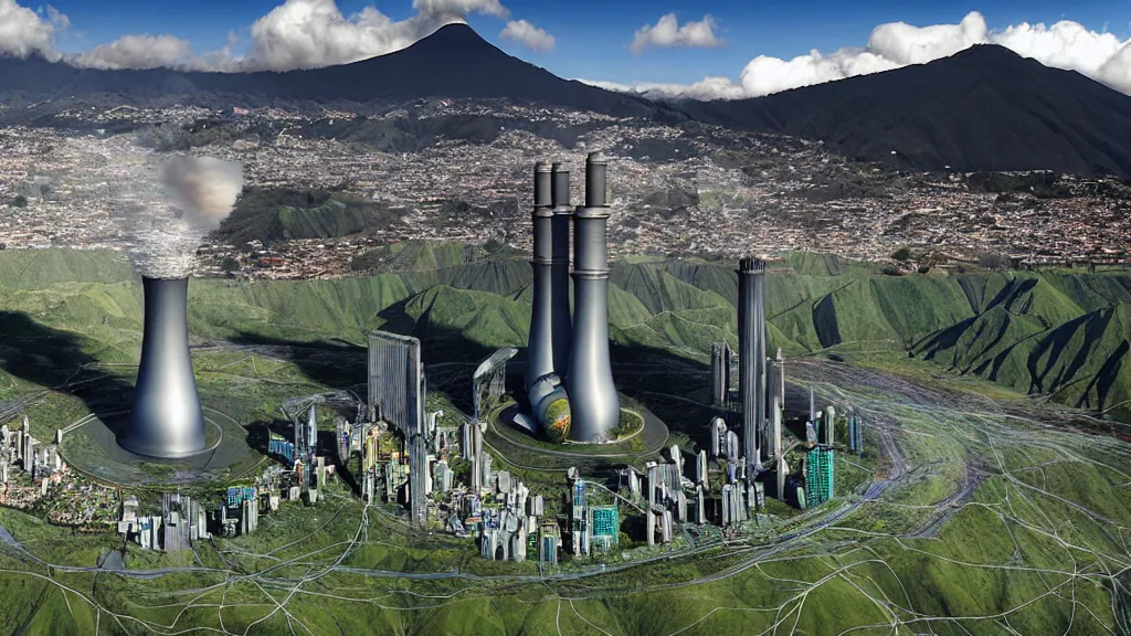 Image similar to Epic Giant Nuclear power Shines gracefully over the techno, city, nature hybrid mountain valley of Quito, Ecuador; by Oswaldo Moncayo and Vincent Callebaut; Art Direction by James Cameron;