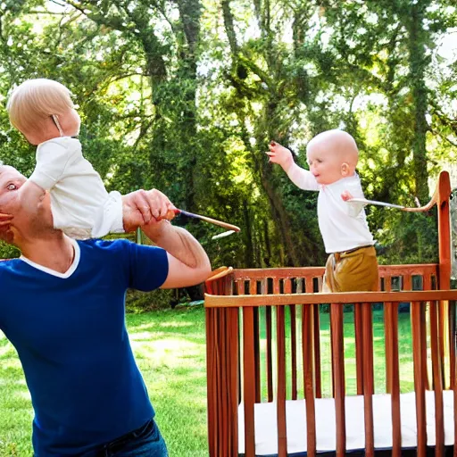 Prompt: A man with glasses catapults a one year old blond boy into a crib, professional photography, outside on a field