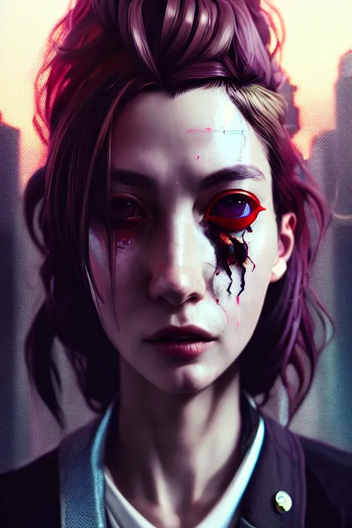 Image similar to hyperdetailed close portrait of a european woman in a worn out suit in a cyberpunk city inspired by ross tran and wlop and masamune shirow and kuvshinov, concept art, intricate, photorealistic, octane render, rtx, hdr, unreal engine, dnd digital art by artgerm