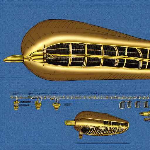 Image similar to detailed blueprints for a steampunk zeppelin