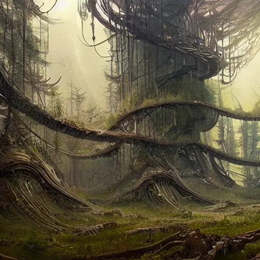 Prompt: a panoramic painting of a mechanical forest by Dan Santat and Greg Rutkowski, high detail, masterpiece