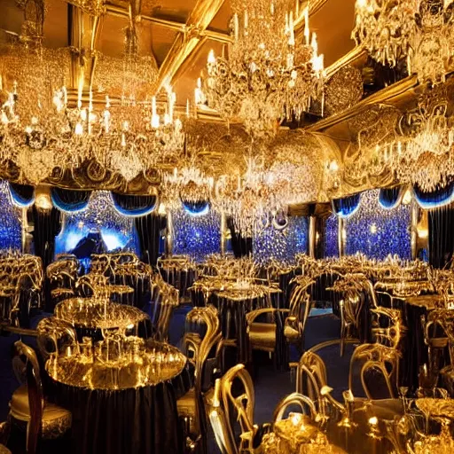 Prompt: professional nightclub photo, a giant crowd of realistic shiny reflective chrome skeletons covered in diamonds dancing wildly and sensually, inside a black and gold fancy high end highly themed rococo nightclub with fog and blue lasers