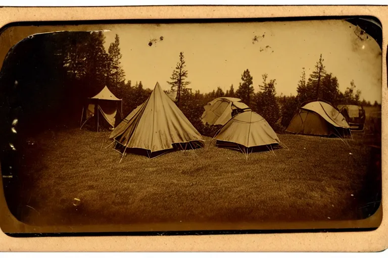 Image similar to tintype photo of a campsite with bonfire