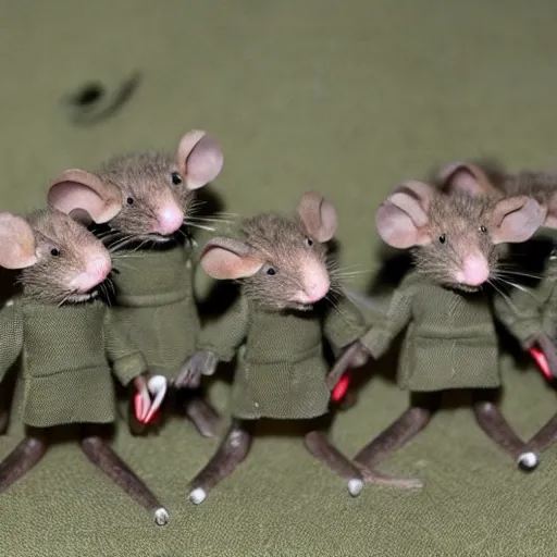 Image similar to group of mice wearing military outfits and going to war, dramatic