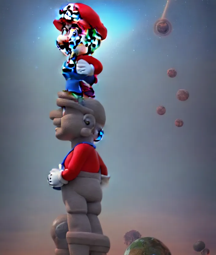 Prompt: giant mario anunnaki statue, full body, planets, sky, dream, highly detailed, digital painting, refreshing, trending on artstation, octane render, illustration by james jean