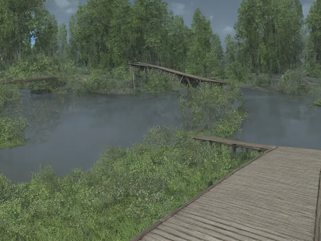 Prompt: a bridge over a body of water next to a forest, a screenshot by the mazeking, polycount, photorealism, xbox 3 6 0 graphics, hd mod, prerendered graphics