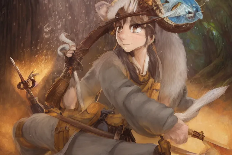 Image similar to dungeons and dragons fantasy painting, portrait of an ahigaru mouse with a matchlock, tanegashima, whimsical and cute, determined expression, watery eyes, anime inspired by krenz cushart, light grey fur, tufty whiskers, feathered arrows, bamboo forest, dawn lighting, by brian froud jessica rossier and greg rutkowski