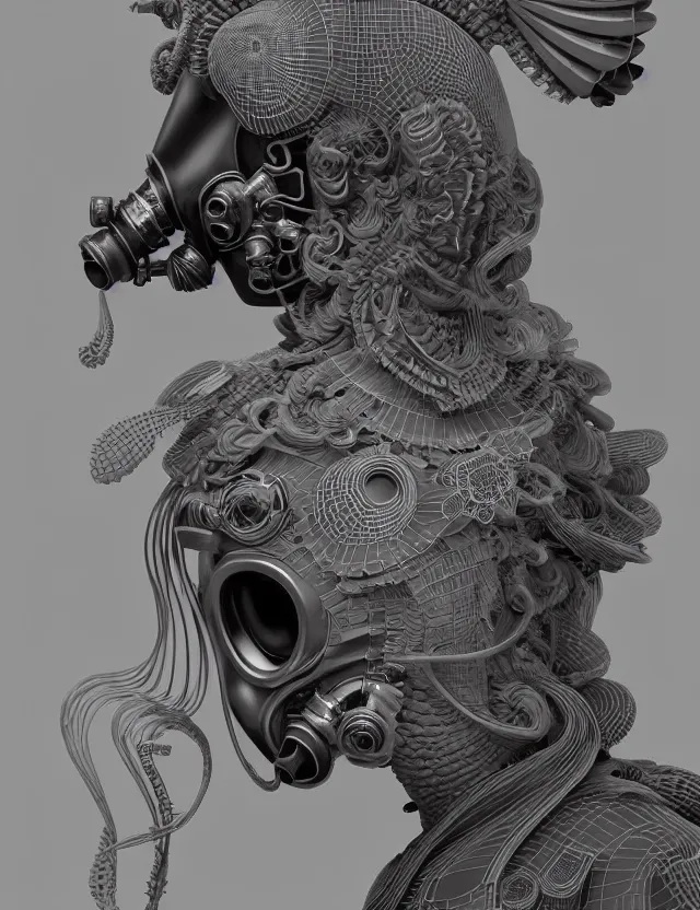 Image similar to 3 d goddess close - up profile portrait with vintage gas mask ram skull. beautiful intricately detailed japanese crow kitsune mask and clasical japanese kimono. betta fish, jellyfish phoenix, bio luminescent, plasma, ice, water, wind, creature, artwork by tooth wu and wlop and beeple and greg rutkowski