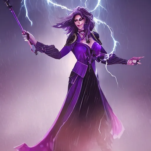 Image similar to a woman in a purple dress holding a staff and dark magic, storm and rain behind her, action scene, magical concept art, artstation contest winner, fantasy art, dark and mysterious, artstation hd, 1 2 0 mm lens, hero pose, detailed, 8 k, digital art