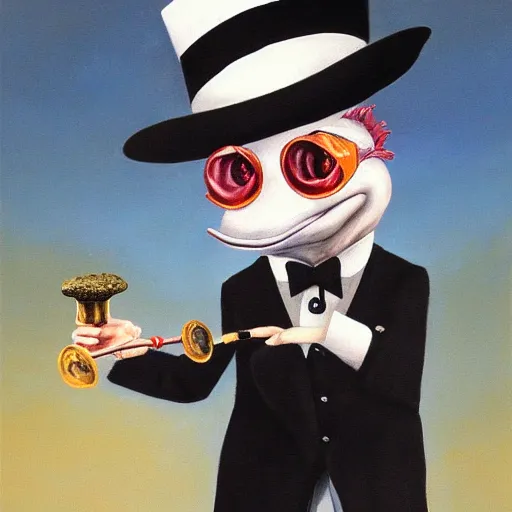 Image similar to a frog in a tuxedo with a top hat smoking a pipe, oil painting, portrait