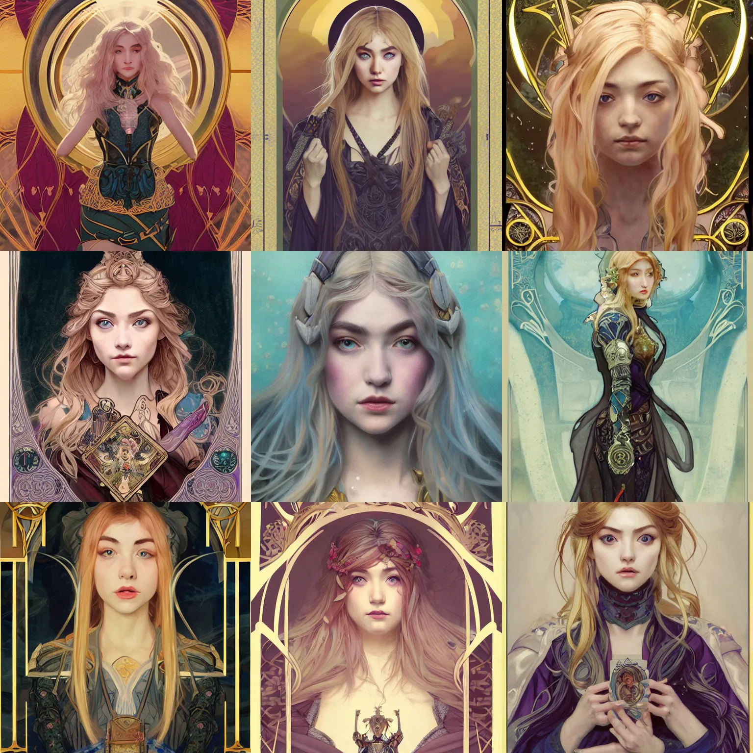 Prompt: masterpiece head-on symmetrical centered painted portrait, Imogen Poots as D&D paladin, blonde hair, elegant, in the style of ROSSDRAWS and Ruan Jia and Ross Tran and Alphonse Mucha and Ayami Kojima and Charlie Bowater and Karol Bak and Jean Delville, Pixar, Maya engine, splash comics, tarot card style, Art Nouveau, rich bright colours