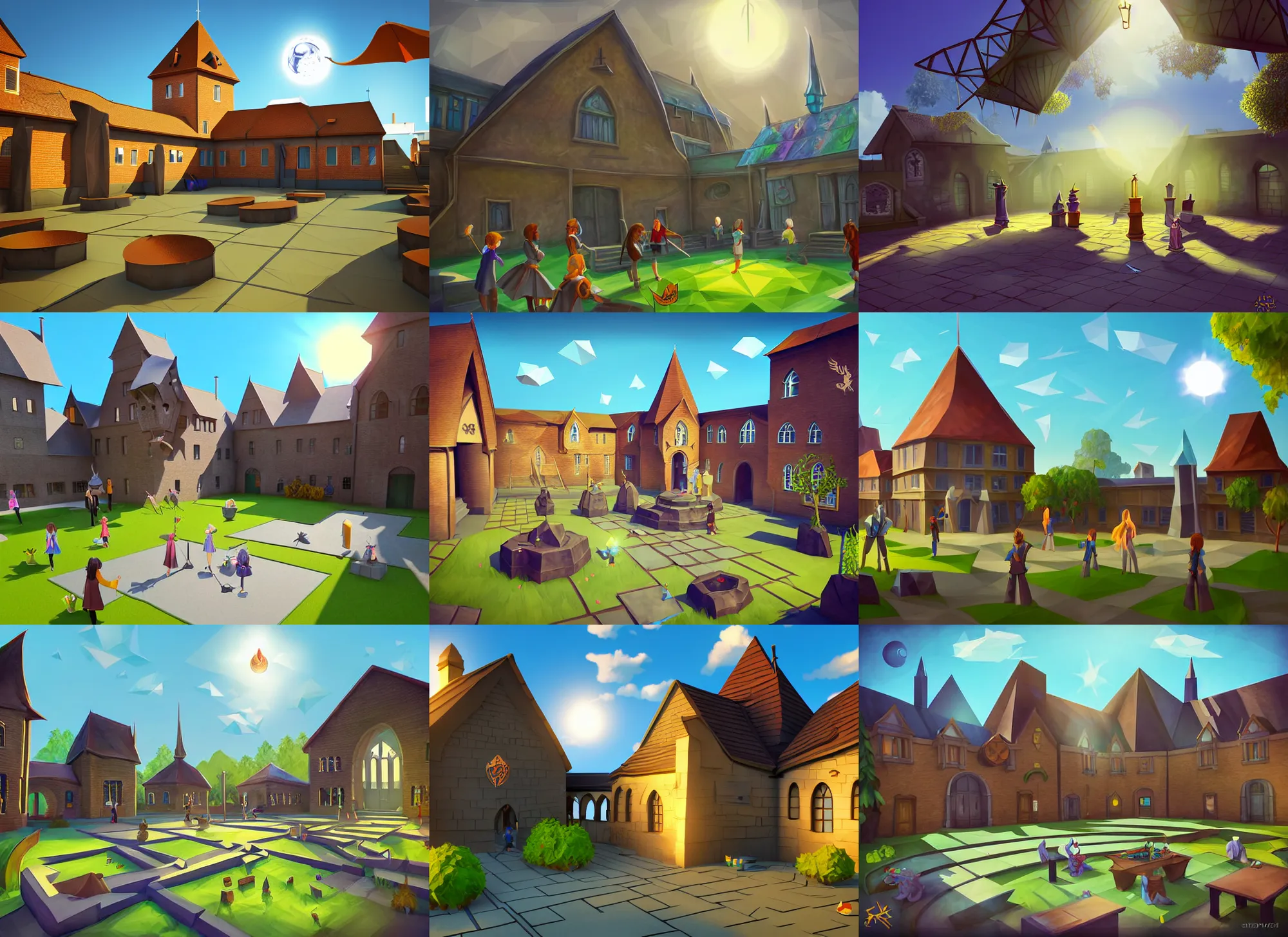 Prompt: Strixhaven school for gifted magical beings, D&D fantasy, magical school, spells practice, bright day light sun, school courtyard, concept art, low poly video game environment, playstation 1