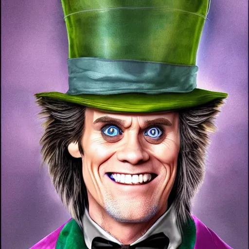 Prompt: Jim Carrey as mad hatter. epic game portrait. Highly detailed. D&D art by Michelangelo