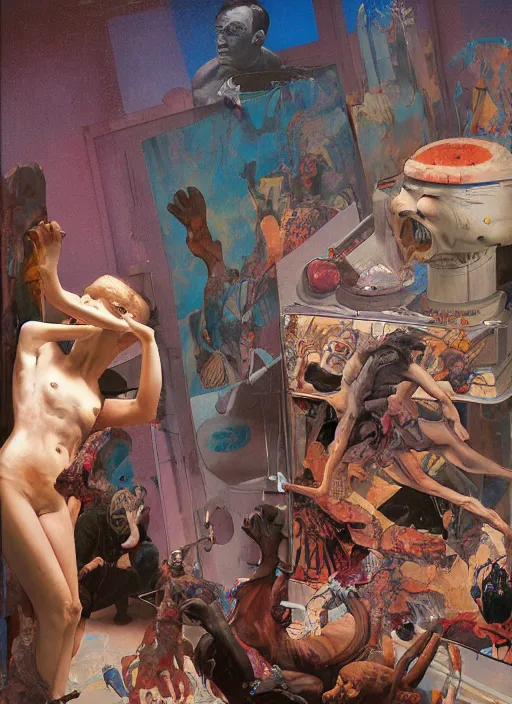 Prompt: realistic detailed image of Contemporary exhibition with obsidian statues in the style of Francis Bacon, Surreal, Norman Rockwell and James Jean, Greg Hildebrandt, and Mark Brooks, triadic color scheme, By Greg Rutkowski, in the style of Francis Bacon and Syd Mead and Edward Hopper and Norman Rockwell and Beksinski, open ceiling, highly detailed, painted by Francis Bacon, painted by James Gilleard, surrealism, airbrush, Ilya Kuvshinov, WLOP, Stanley Artgerm, very coherent, art by Takato Yamamoto and James Jean