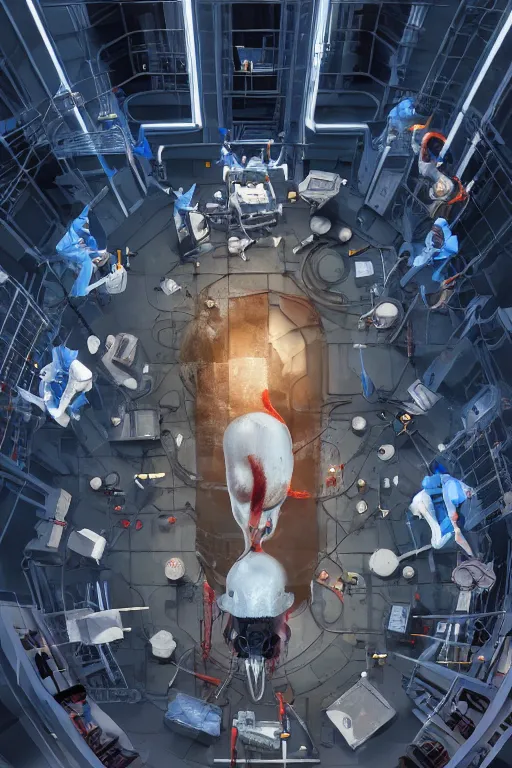 Image similar to top view of many mechanics in lab facility looking at bloody disney mouse head lifted by claw, made by beeple, cgsociety, artgerm, greg rutkowski, highly detailed intricate 4 k art, low light cinematic, octane render, unreal engine, smooth concept art