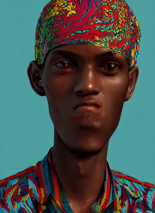 Image similar to closeup portrait of a 2 0 year old somali man, an ultrafine detailed illustration by james jean, intricate linework, bright colors, final fantasy, behance contest winner, vanitas, angular, altermodern, unreal engine 5 highly rendered, global illumination, radiant light, detailed and intricate environment