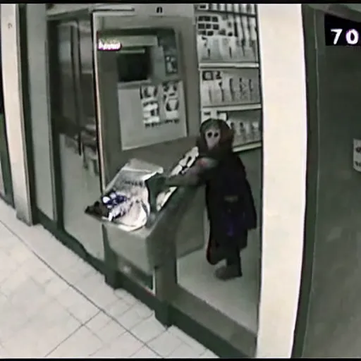 Prompt: Security camera footage of Irma Vep robbing a 711