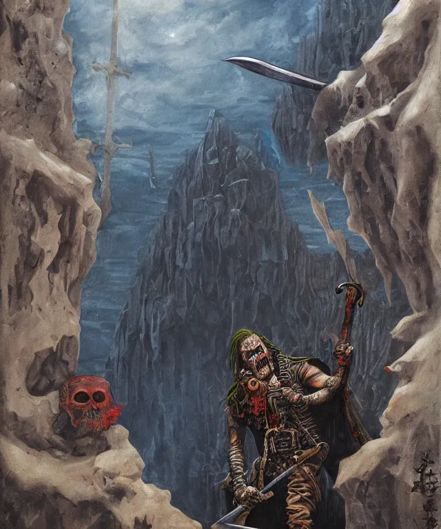 Image similar to ultra realistic color portrait painting of an undead pirate with a sword in a grotto, dark, painted, brooding, atmospheric, seascape, lovecraft, horror, smooth, epic, highly detailed, cinematic, by angus mcbride