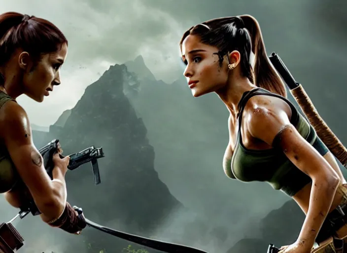 Prompt: film still of!!!! ariana grande!!! as lara croft in new tomb raider movie, 8 k