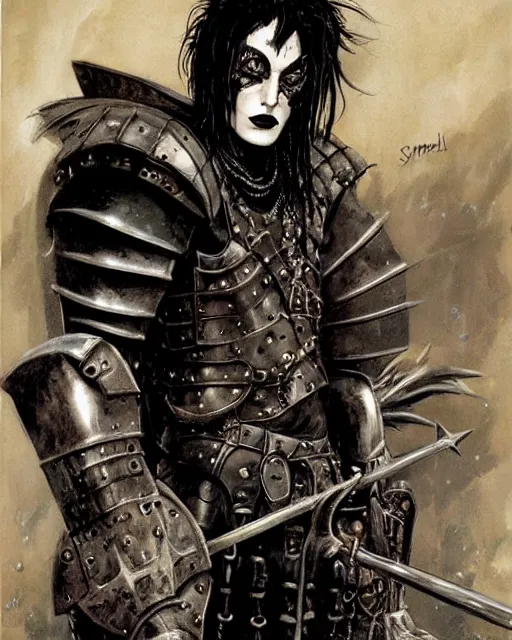 Image similar to portrait of a skinny punk goth roald dahl wearing armor by simon bisley, john blance, frank frazetta, fantasy, thief warrior