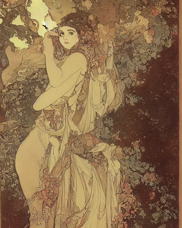 Prompt: midnight, the moon obscured by clouds, in a dilapidated building the dark unknown huddled in the corner is pouring out, mist, by mucha