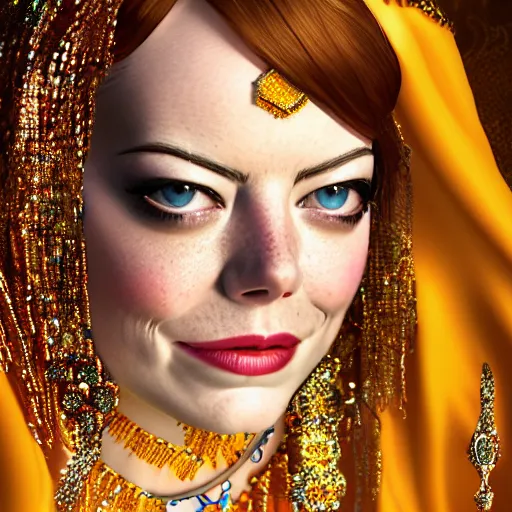 Image similar to a digital portrait of emma stone dressed as a belly dancer, arabian night, high quality, fully detailed, 4 k, in focus face with fine details, realistic hand details and anatomy