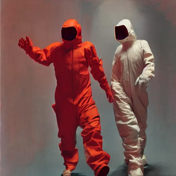 Prompt: two scientists wearing red rick owens hazmat suits with hands in pockets escaping the neon event horizon by frank frazetta