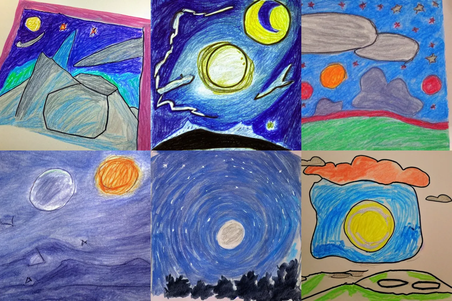 Prompt: a child’s drawing of the night sky,