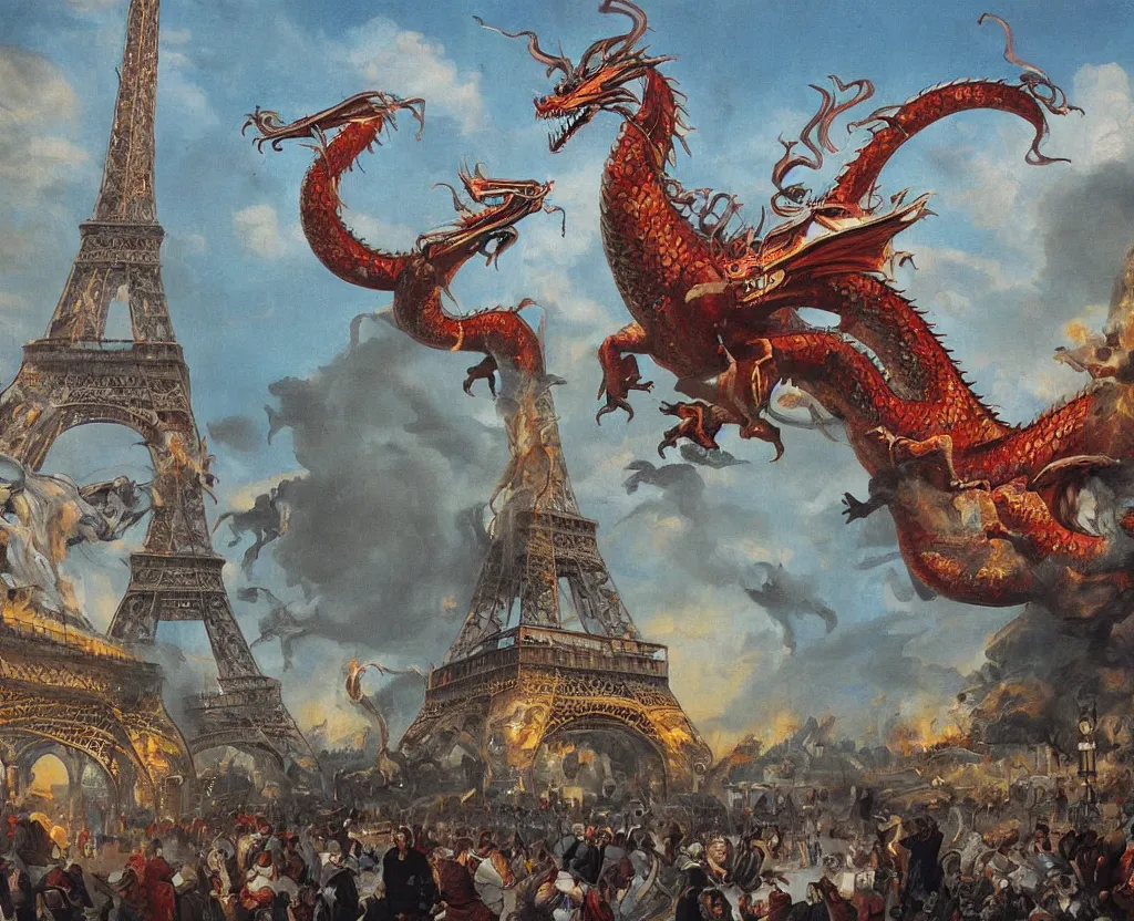 Image similar to A gigantic dragon attacking Paris painting