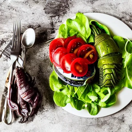 Image similar to a plate of food made of salad and huge alien xenomorph, award winning photographer, food photography