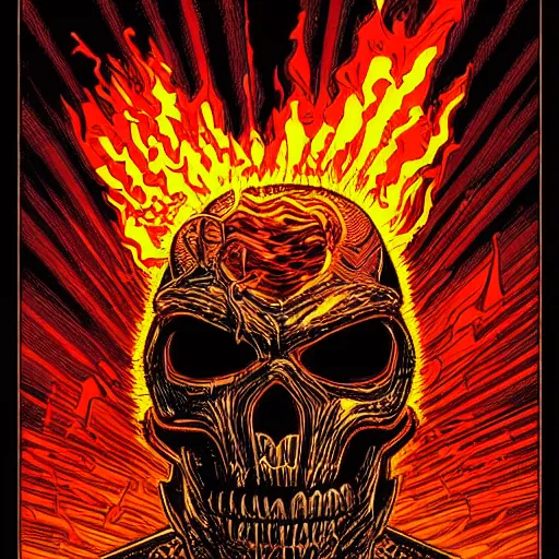 Prompt: an intricate vintage headshot of ghost rider by Dan Mumford